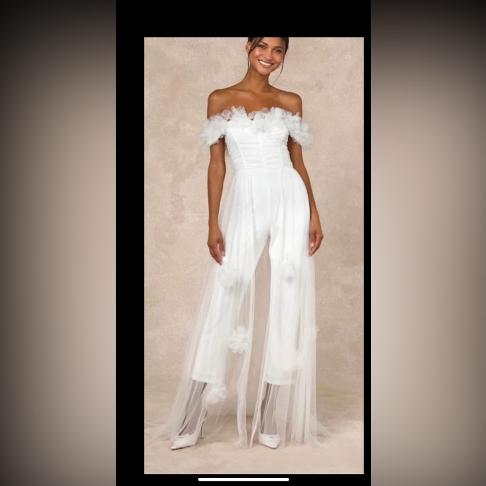 Bridal White Off-Shoulder Ruffled Jumpsuit